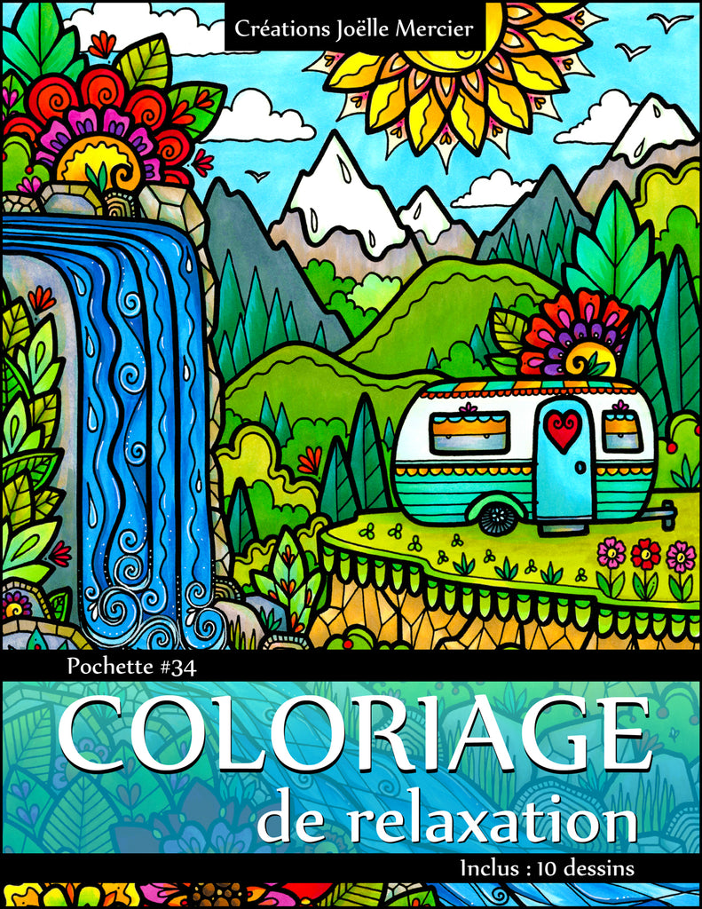 Pochette #34 - 10 dessins - Coloriage de relaxation - Roulotte, lama, hiver, plage, abstrait...