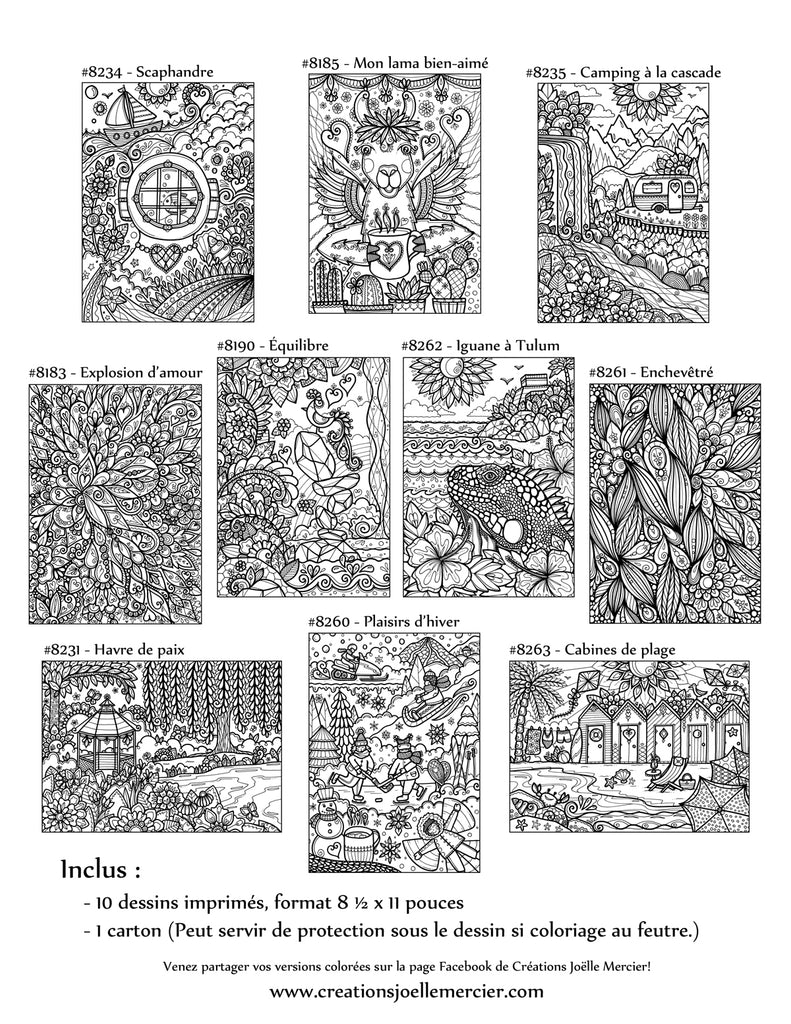 Pochette #34 - 10 dessins - Coloriage de relaxation - Roulotte, lama, hiver, plage, abstrait...