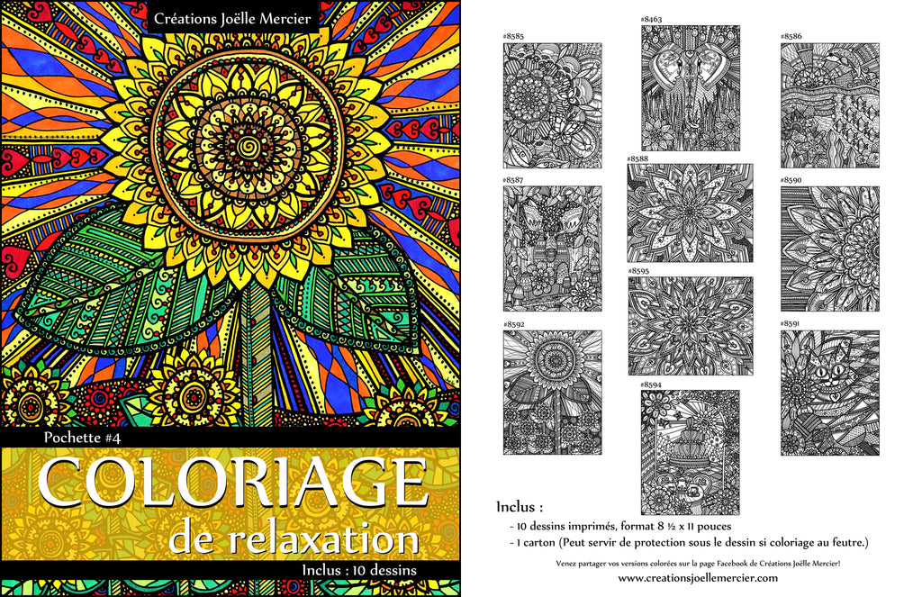 Pochette #4 - 10 dessins - Coloriage de relaxation - fleurs, éléphant, chat, orignal, monde marin, jardin secret, papillons, tournesol