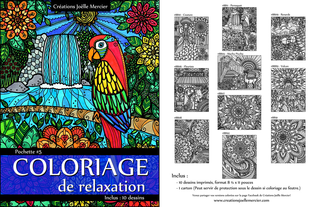 Pochette #5 - 10 dessins - Coloriage de relaxation - Perroquet, Pérou, couture, renards, fleuriste, fleurs