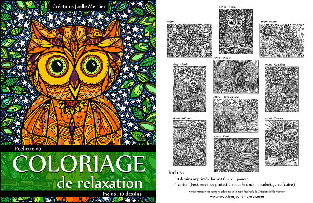 Pochette #6 - 10 dessins - Coloriage de relaxation - hibou, bateau, panda, dragon, caméléon, flamant rose, méduse, Toscane, fleurs