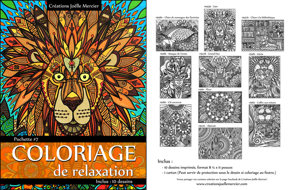 Pochette #7 - 10 dessins - Coloriage de relaxation - lion, chiens, Venise, génie, hibou, clé, coffre aux trésors, fleurs