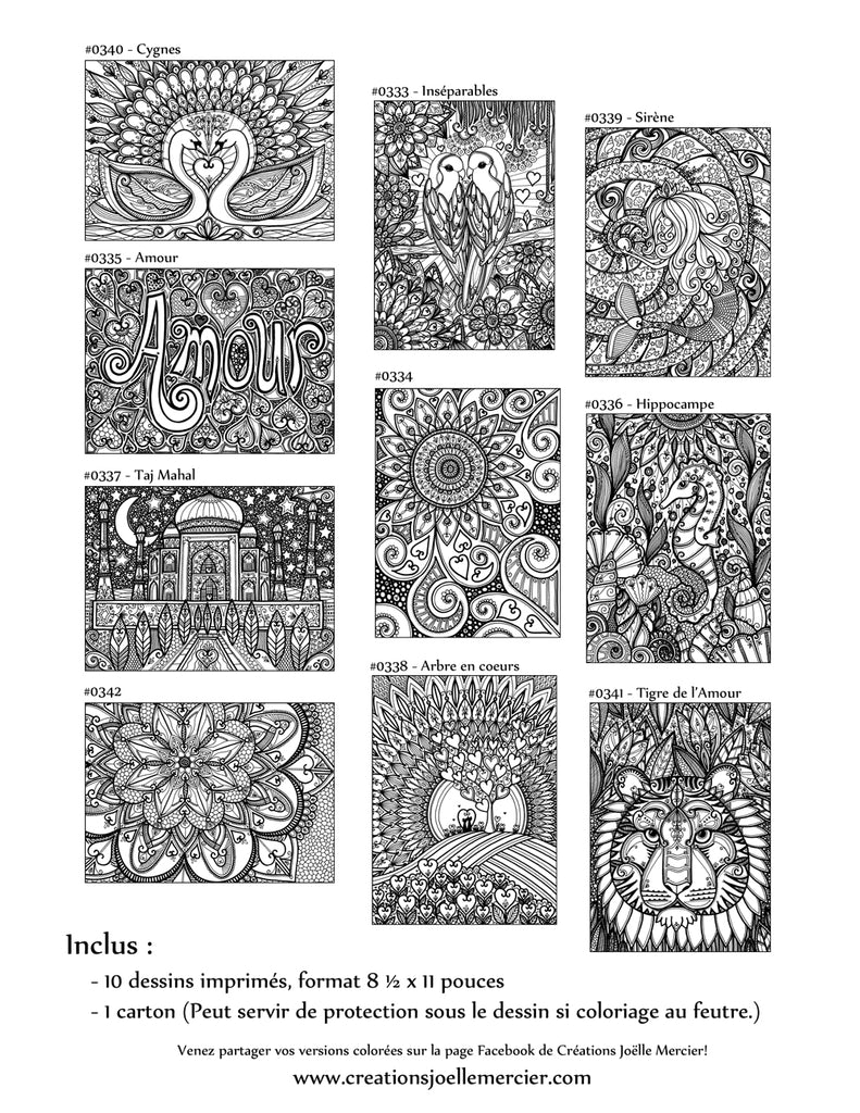 Pochette #9 - 10 dessins - Coloriage de relaxation - amour, inséparables, cygnes, sirène, hippocampe, Taj Mahal, Mandala