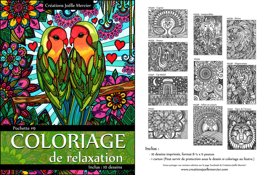Pochette #9 - 10 dessins - Coloriage de relaxation - amour, inséparables, cygnes, sirène, hippocampe, Taj Mahal, Mandala