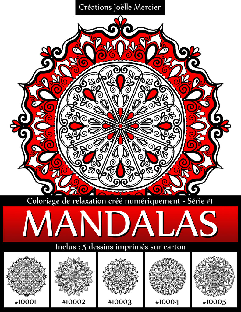 Pochette MANDALAS Série #1 - Coloriage de relaxation créé numériquement - 5 dessins imprimés sur carton