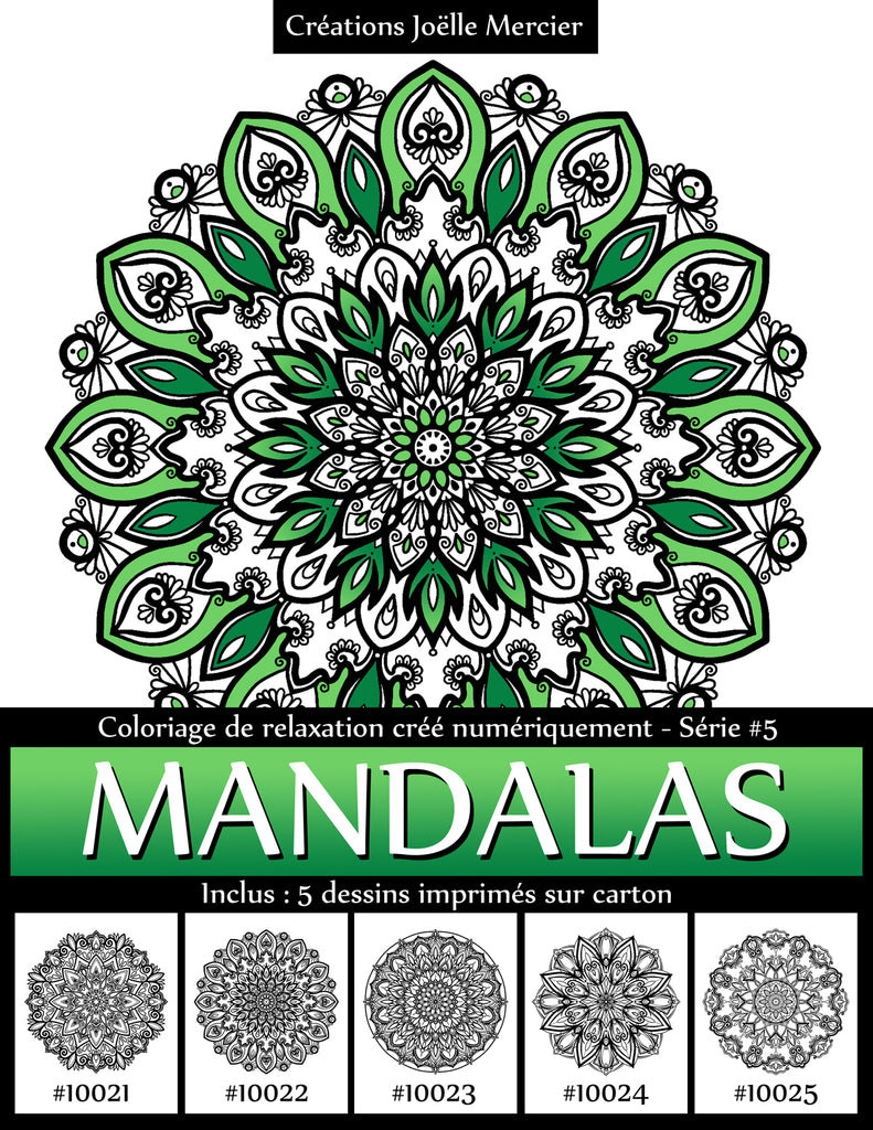 Pochette MANDALAS Série #5 - Coloriage de relaxation créé numériquement - 5 dessins imprimés sur carton