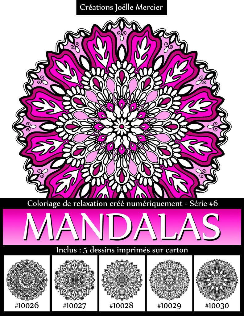Pochette MANDALAS Série #6 - Coloriage de relaxation créé numériquement - 5 dessins imprimés sur carton