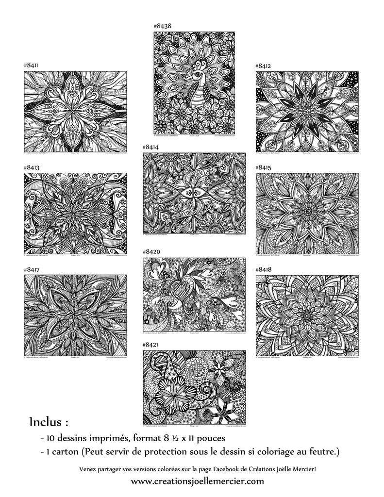 Pochette #3 - 10 dessins - Coloriage de relaxation, fleurs, mandala, oiseau, paon, symétrie