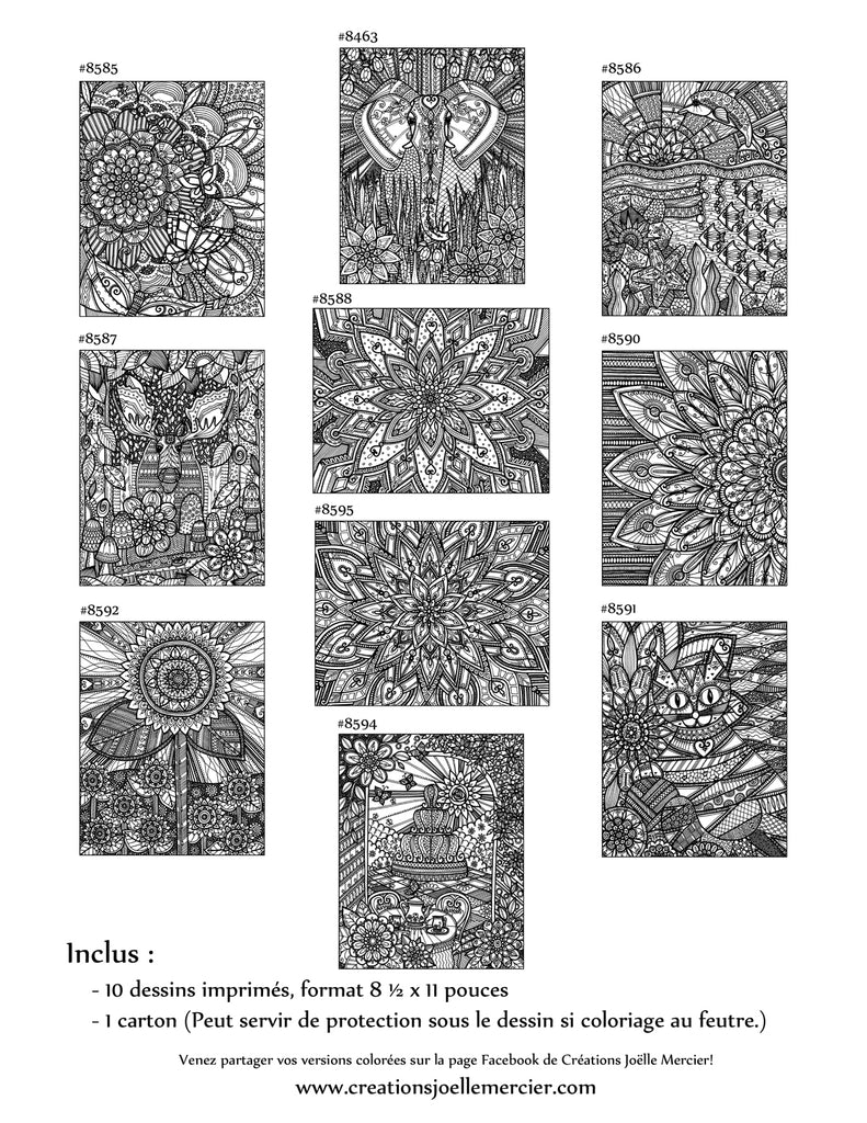 Pochette #4 - 10 dessins - Coloriage de relaxation - fleurs, éléphant, chat, orignal, monde marin, jardin secret, papillons, tournesol