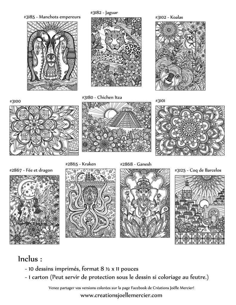 Pochette #14 - 10 dessins - Coloriage de relaxation - jaguar, pingouin, koala, kraken, fée, dragon, Ganesh, coq, mandalas