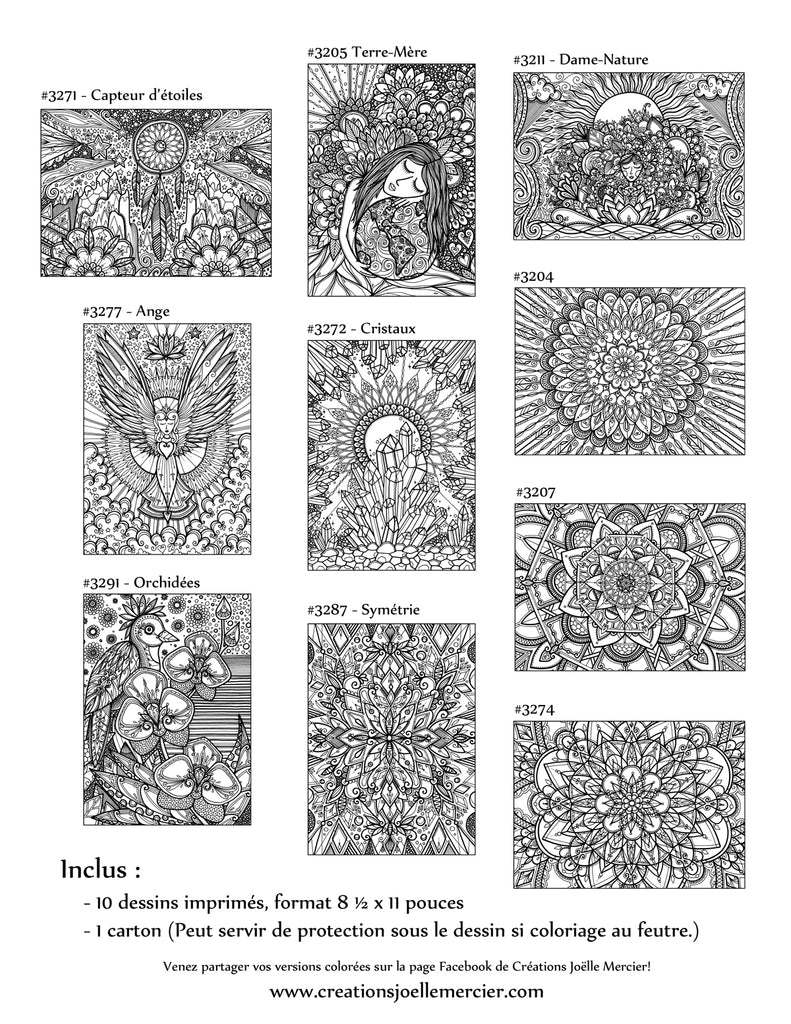 Pochette #15 - 10 dessins - Coloriage de relaxation - Terre-mère, Dame-nature, ange, cristaux, capteur de rêves, orchidées, mandalas