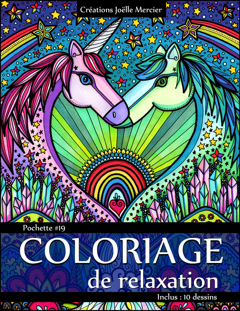 Pochette #19 - 10 dessins - Coloriage de relaxation - dragon, licorne, cheval, sirène, dauphin, elfe, oiseau, éléphant, femme, diamant