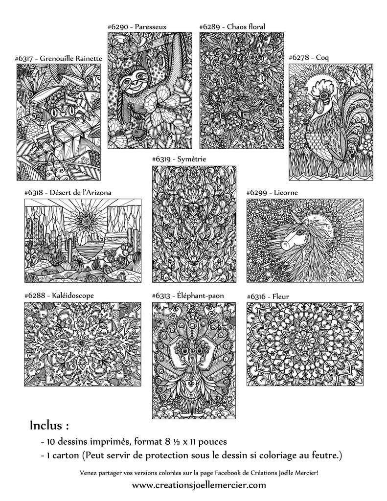 Pochette #22 - 10 dessins - Coloriage de relaxation - Paresseux, licorne, abstrait, grenouille, coq