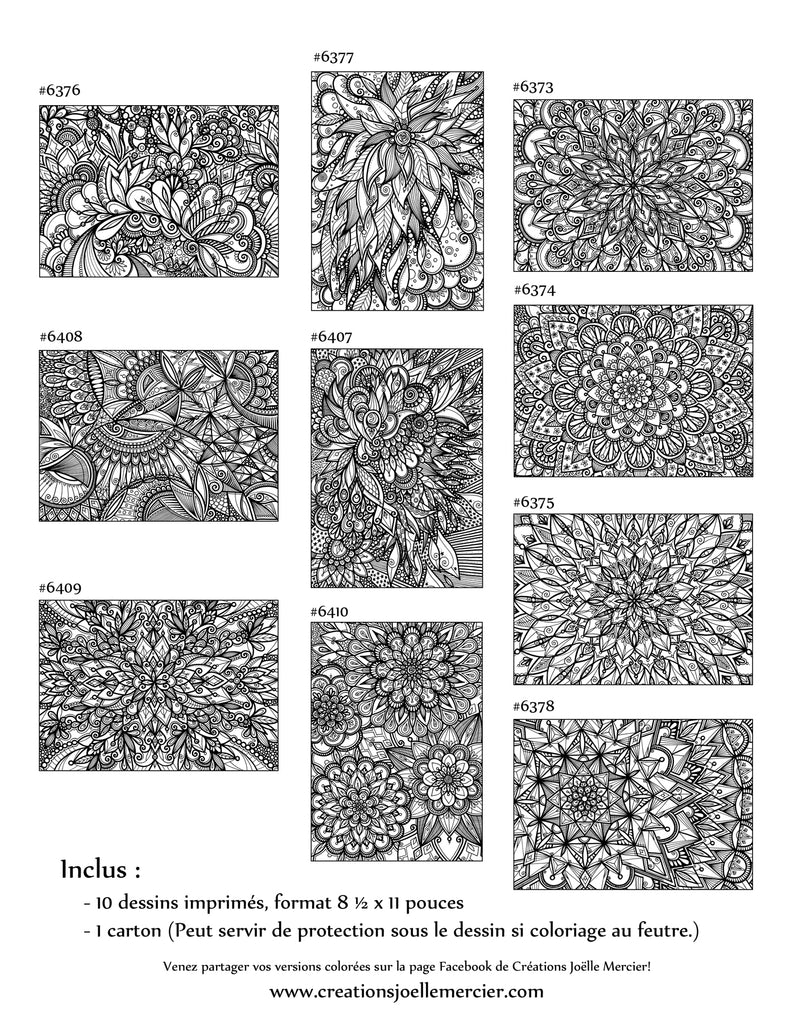 Pochette #23 - 10 dessins - Coloriage de relaxation - Mandalas floraux et Abstrait