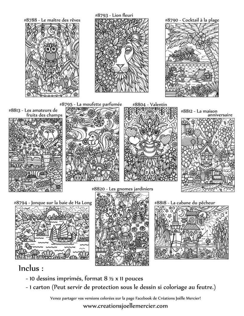 Pochette #39 - 10 dessins - Coloriage de relaxation - Animaux, paysages, coeurs, gnomes, fleurs